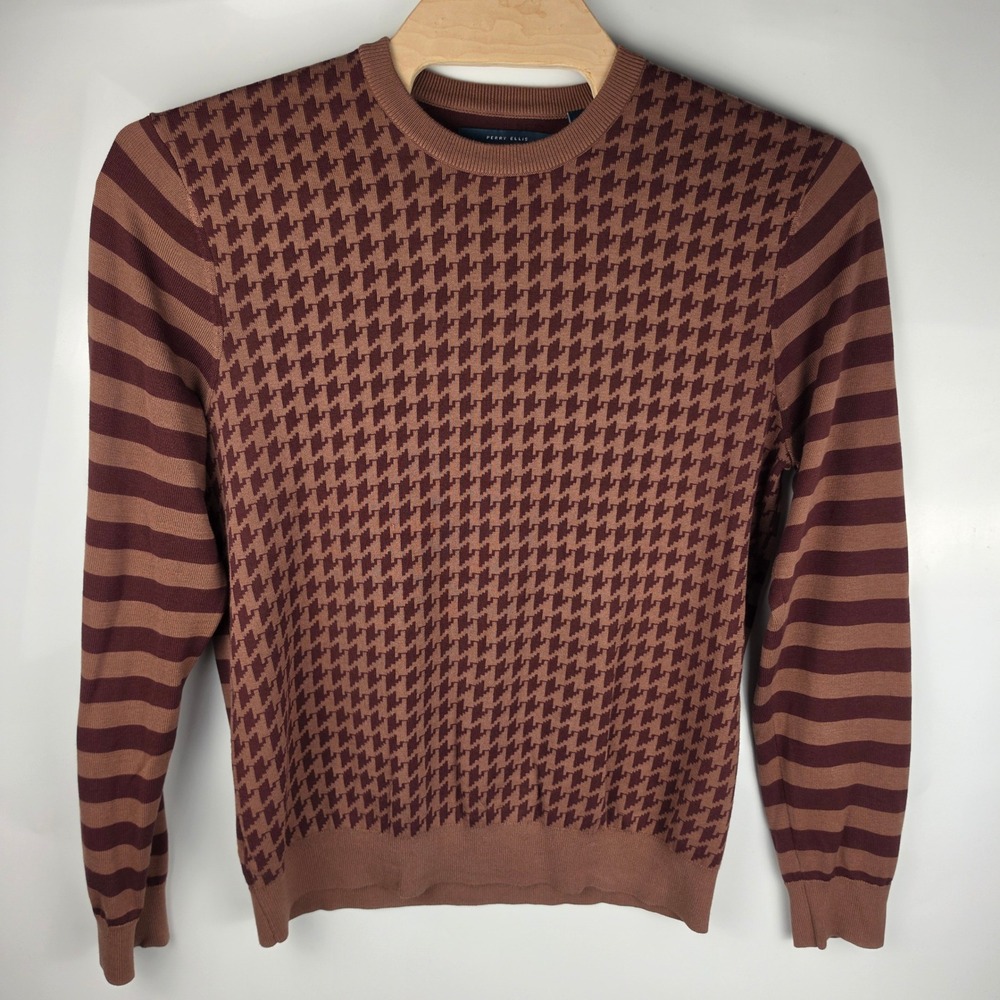 Perry Ellis Mens XL Brown Houndstooth Striped Cotton Modal Sweater